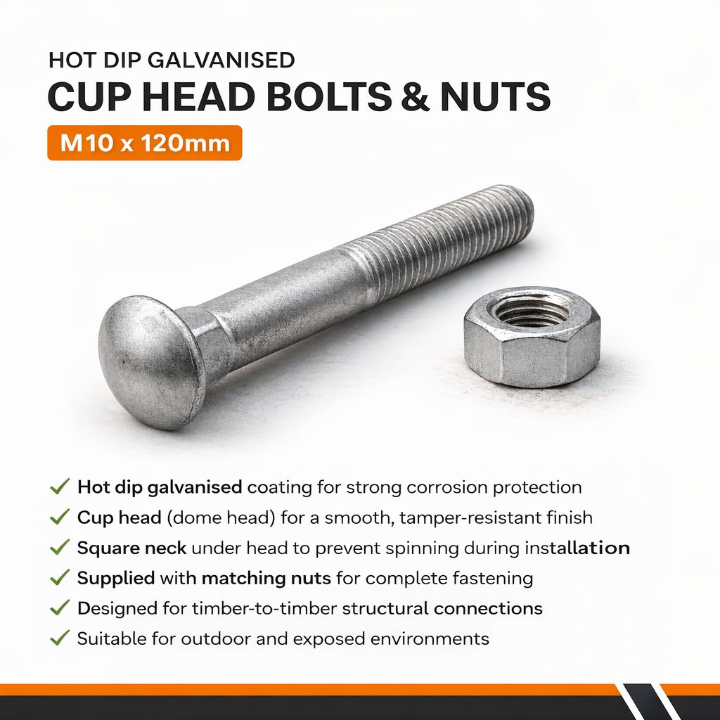 Hot Dip Galvanised Cup Head Bolts & Nuts M10 x 120mm