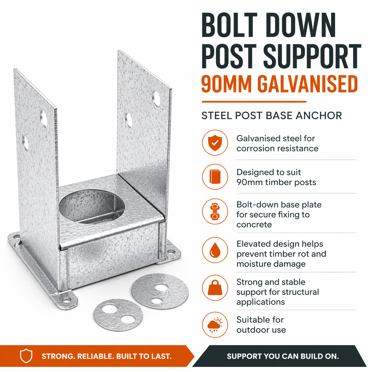 Bolt Down Post Support 90mm Galvanised – Steel Post Base Anchor