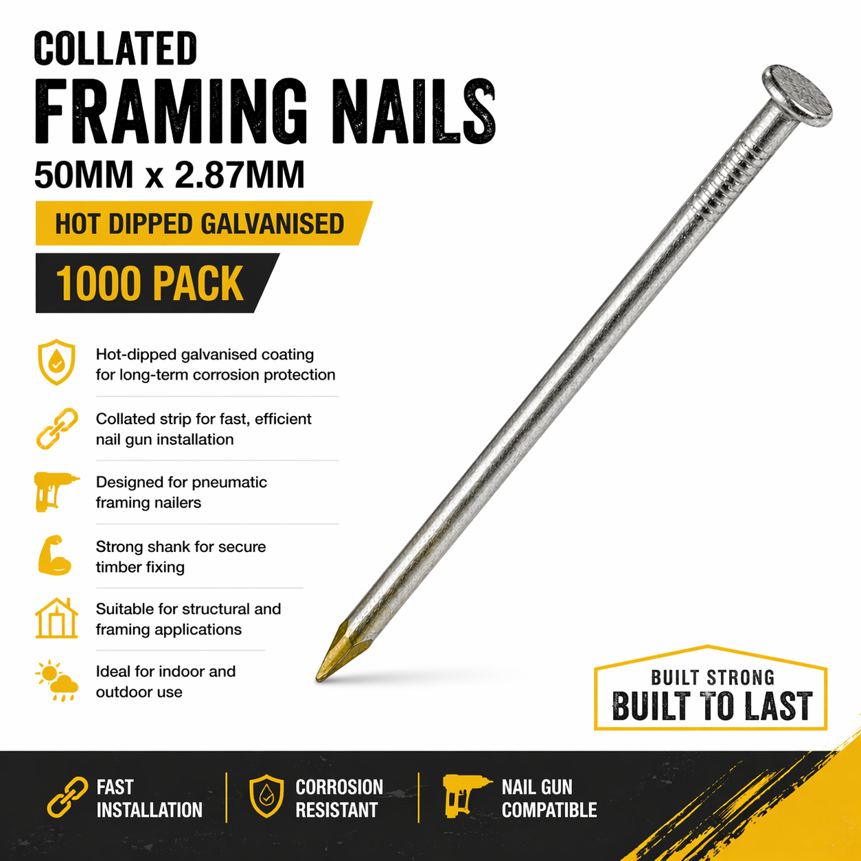 Collated Framing Nails 50mm x 2.87mm Hot Dipped Galvanised – 1000 Pack