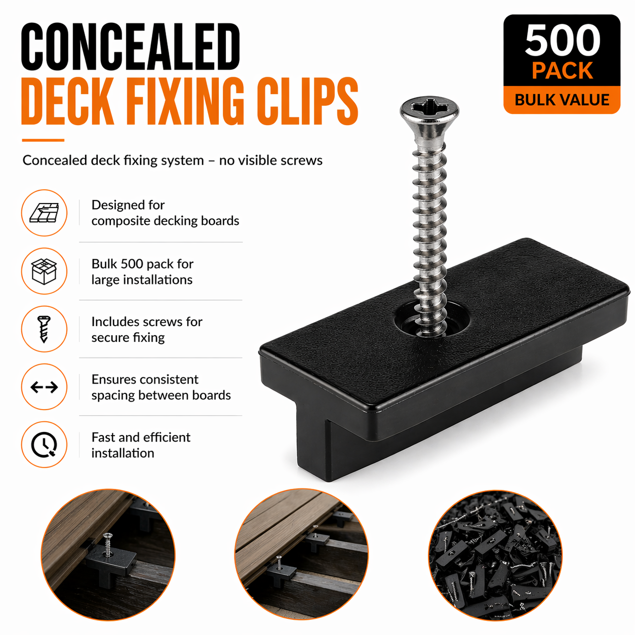 Concealed deck fixing clips for composite decking, delivering a clean, screw-free finish