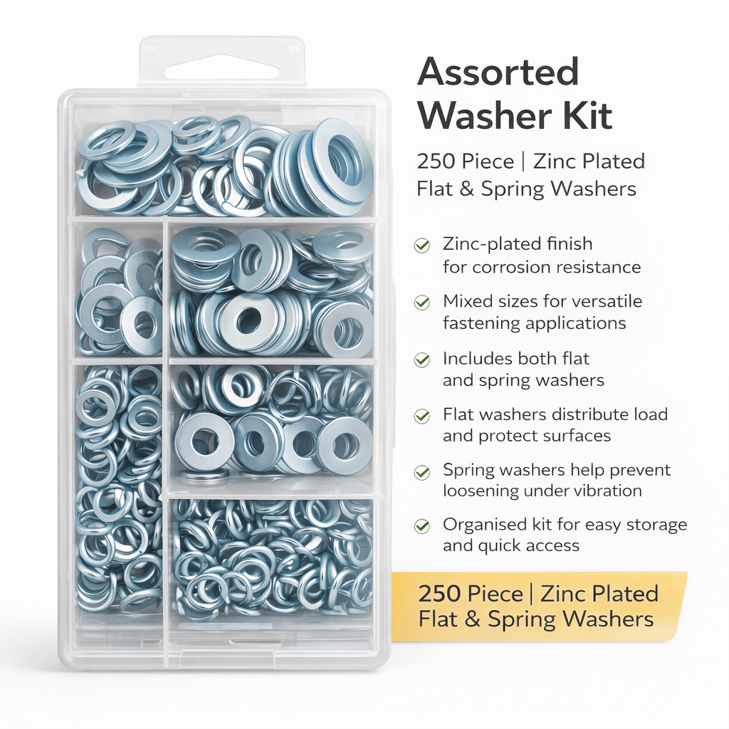 Assorted Washer Kit 250pc – Zinc Plated Flat & Spring Washers Mixed Sizes