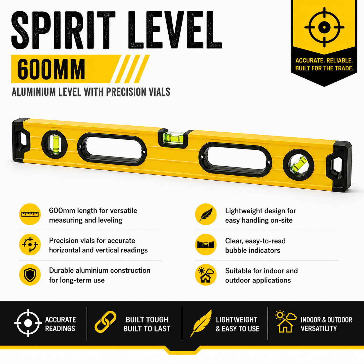 Spirit Level 600mm - Aluminium Level with Precision Vials