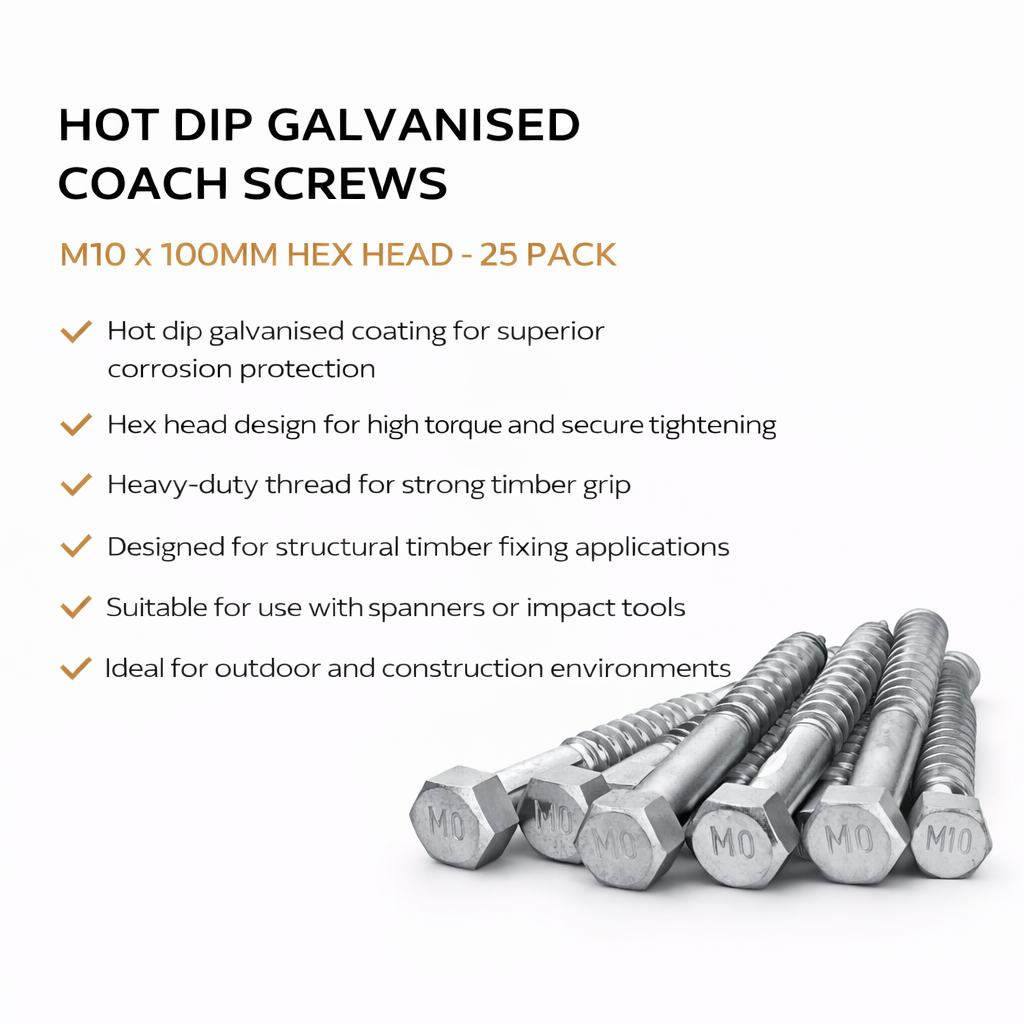 Hot Dip Galvanised Coach Screws M10 x 100mm Hex Head – 25 Pack