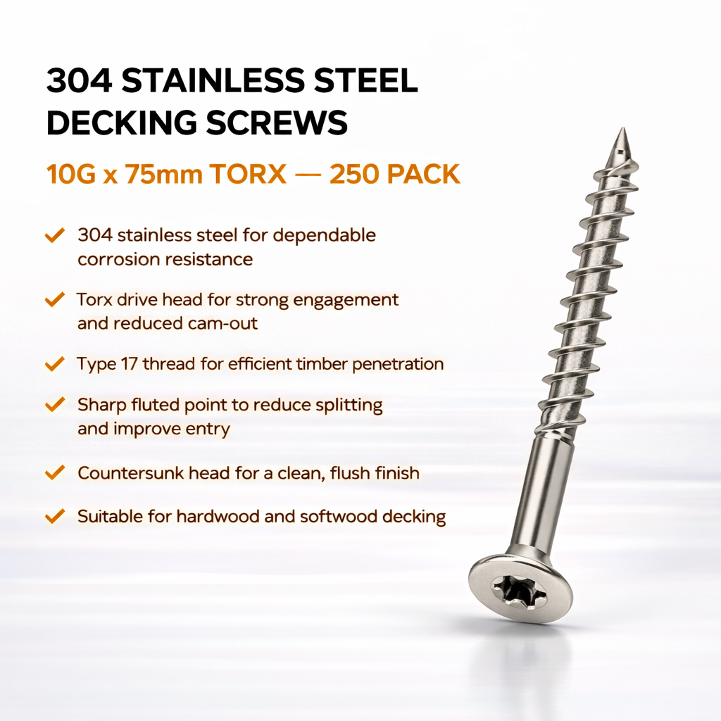 304 Stainless Steel Decking Screws 10G x 75mm Torx – 250 Pack