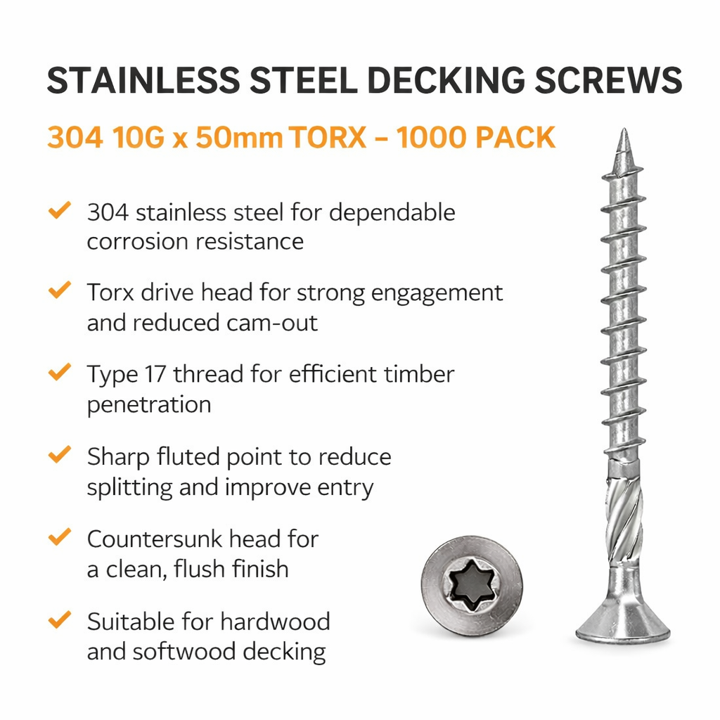Stainless Steel Decking Screws 304 10G x 50mm Torx – 1000 Pack
