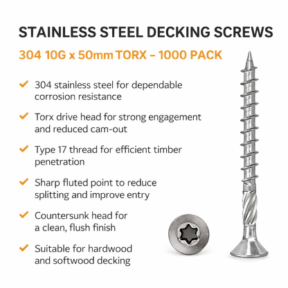 Stainless Steel Decking Screws 304 10G x 50mm Torx – 1000 Pack