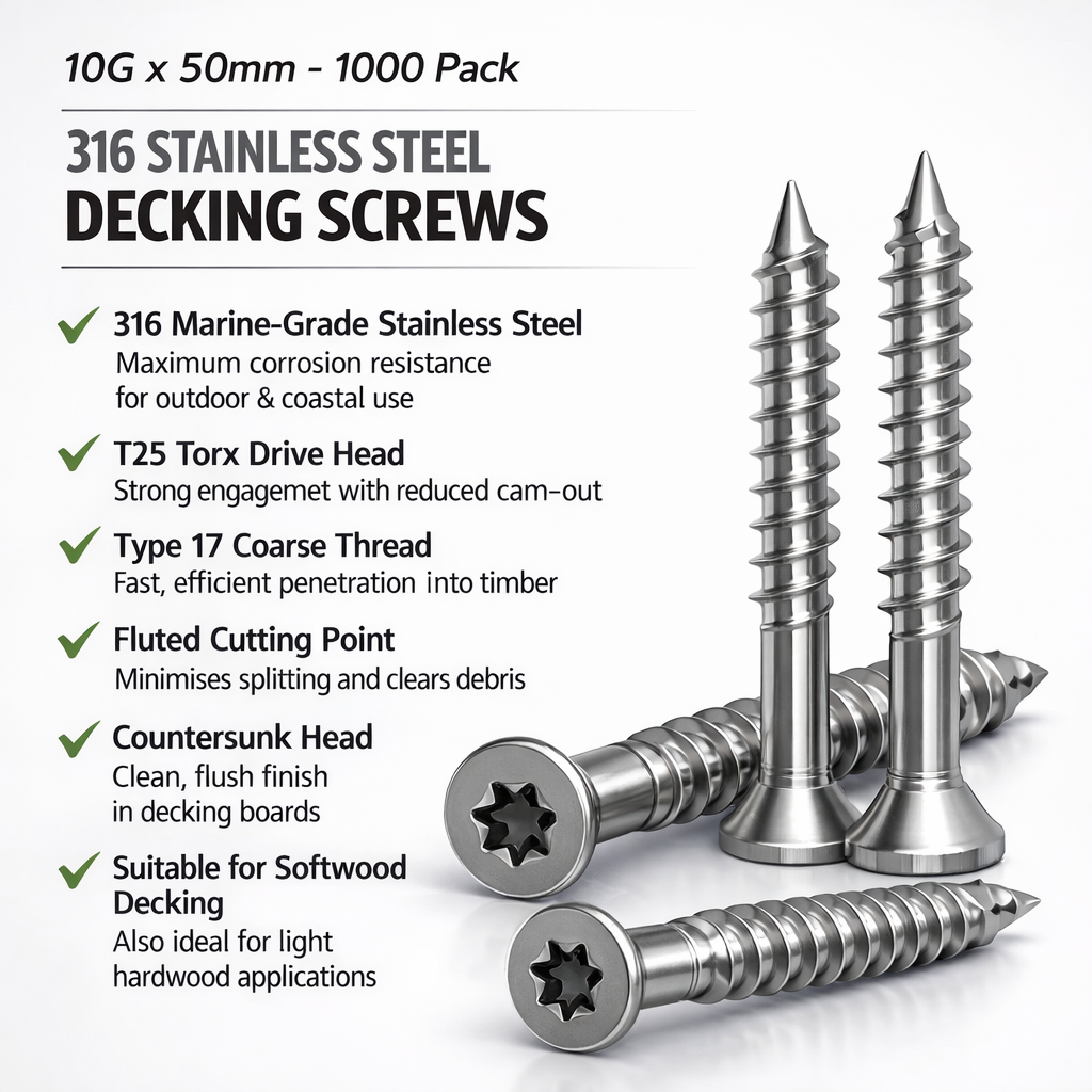 316 Decking Screws 10G x 50mm Torx Drive Softwood - 1000 Pack