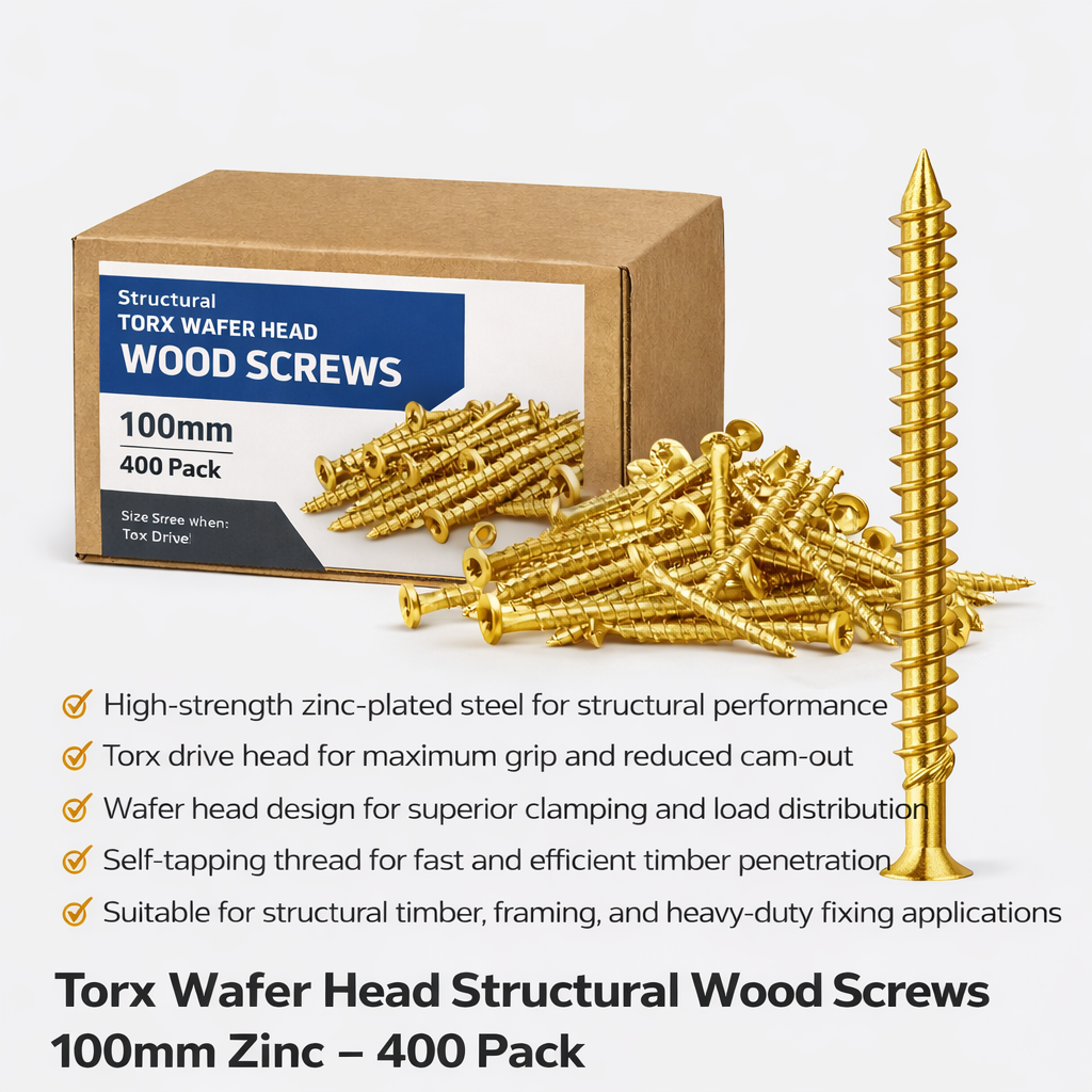 Torx Wafer Head Structural Wood Screws 100mm Zinc – 400 Pack