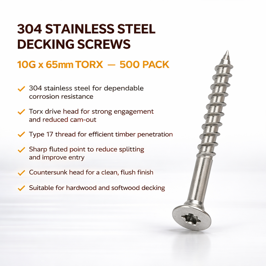 304 Stainless Steel Decking Screws 10G x 65mm Torx – 500 Pack