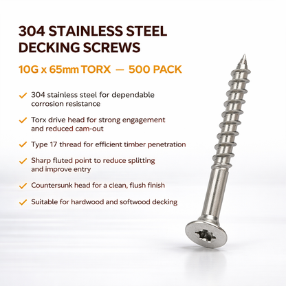 304 Stainless Steel Decking Screws 10G x 65mm Torx – 500 Pack