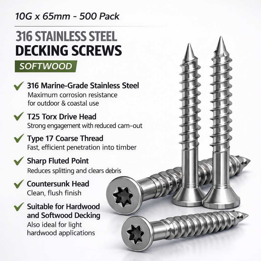 316 Decking Screws 10G x 65mm Torx Drive Softwood - 500 Pack