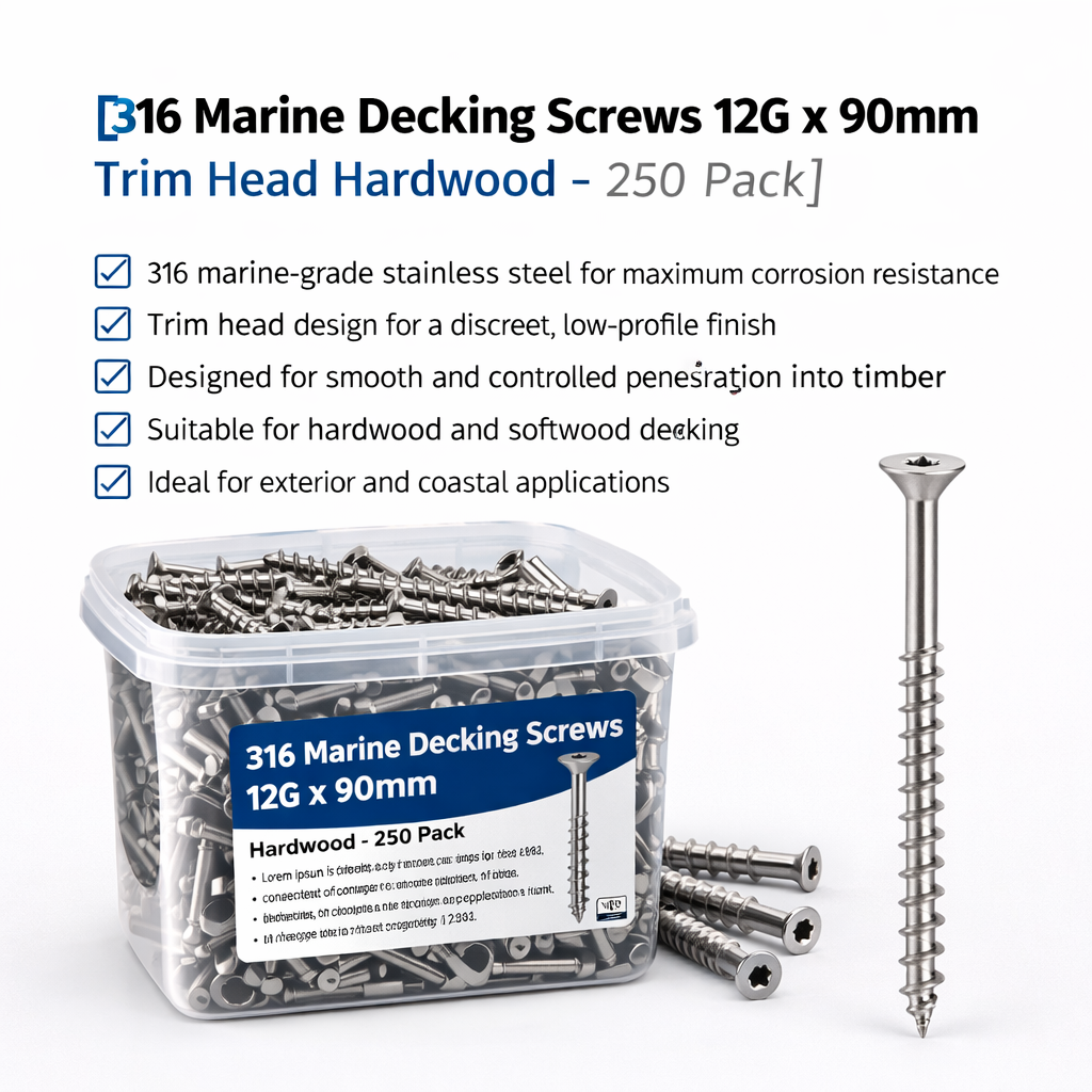 316 Marine Decking Screws 12G x 90mm Trim Head Hardwood – 250 Pack