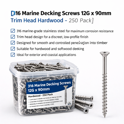 316 Marine Decking Screws 12G x 90mm Trim Head Hardwood – 250 Pack
