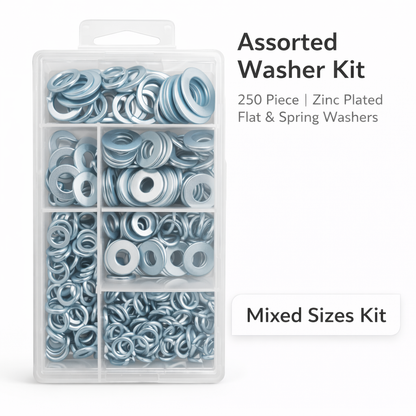Assorted Washer Kit 250pc – Zinc Plated Flat & Spring Washers Mixed Sizes