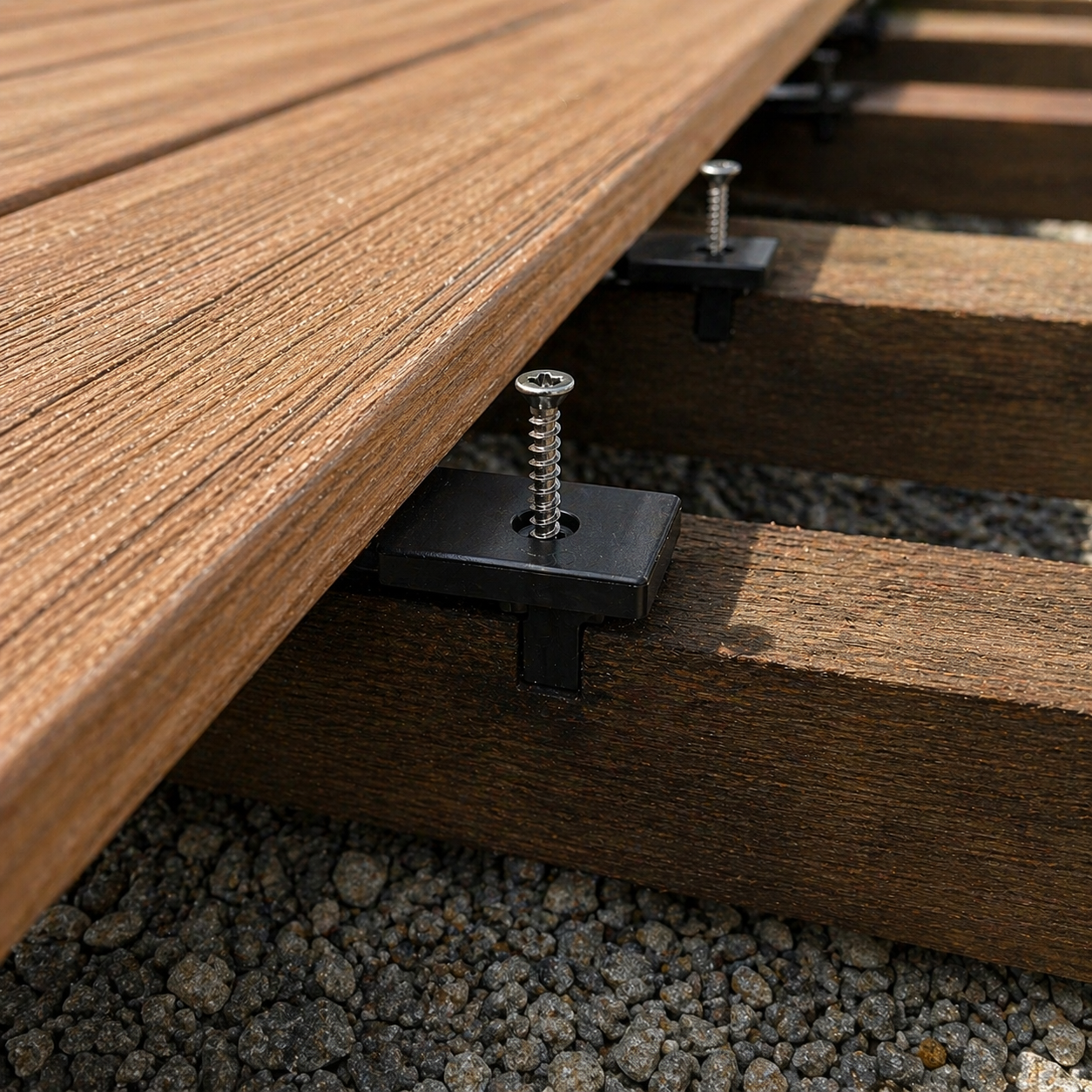 Concealed deck fixing clips for composite decking, delivering a clean, screw-free finish