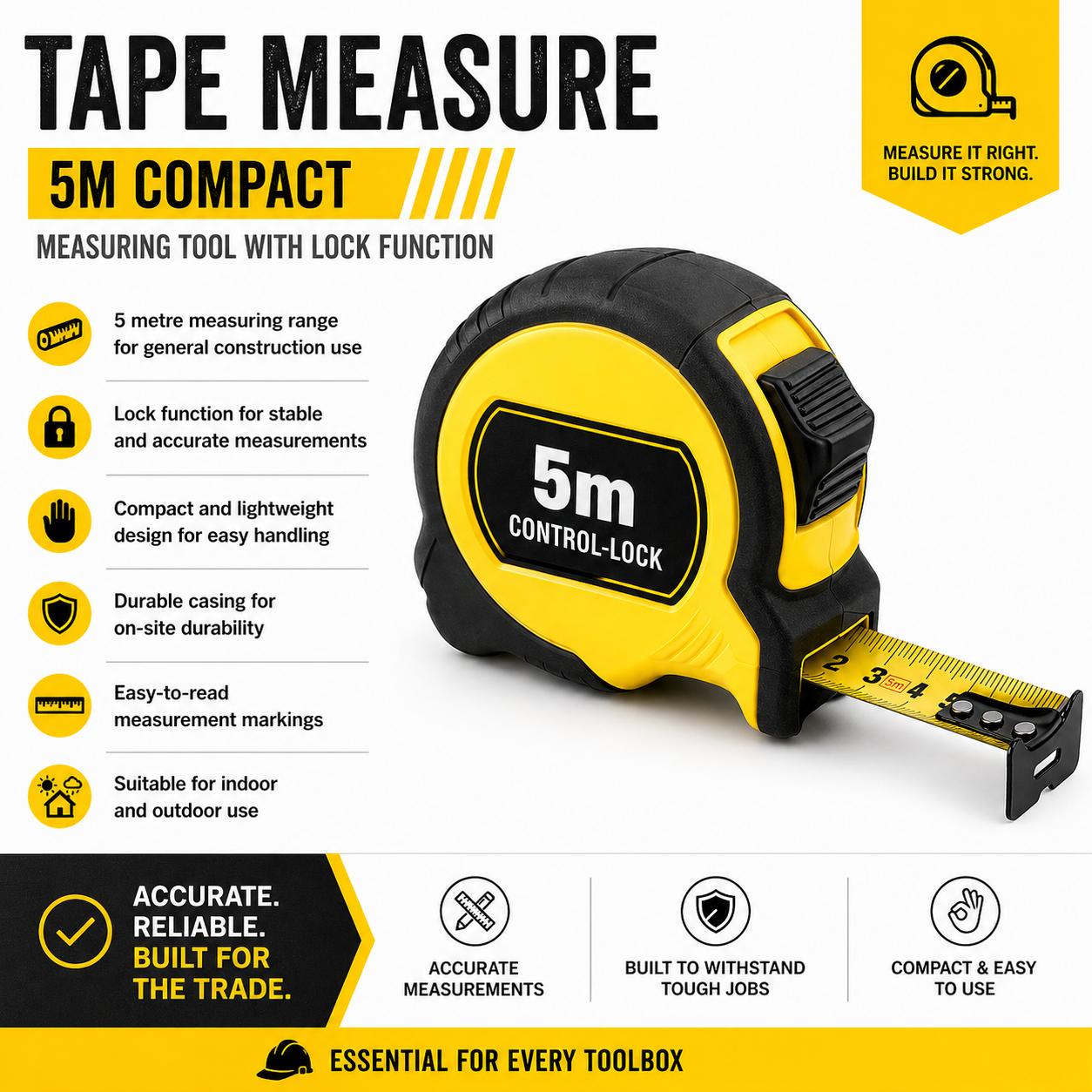 Tape Measure 5m - Compact Measuring Tool with Lock Function