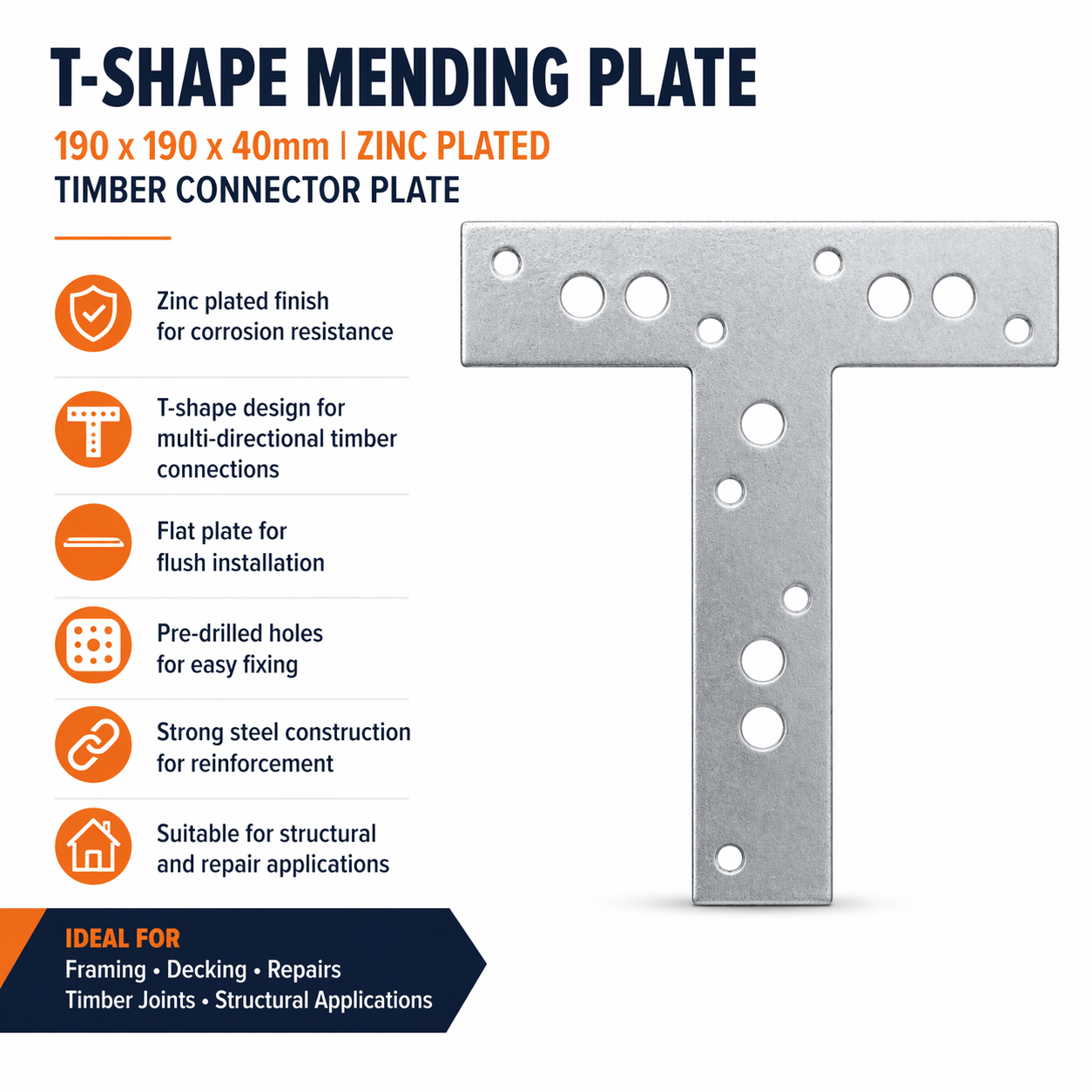T-Shape Mending Plate 190 x 190 x 40mm Zinc Plated – Timber Connector Plate