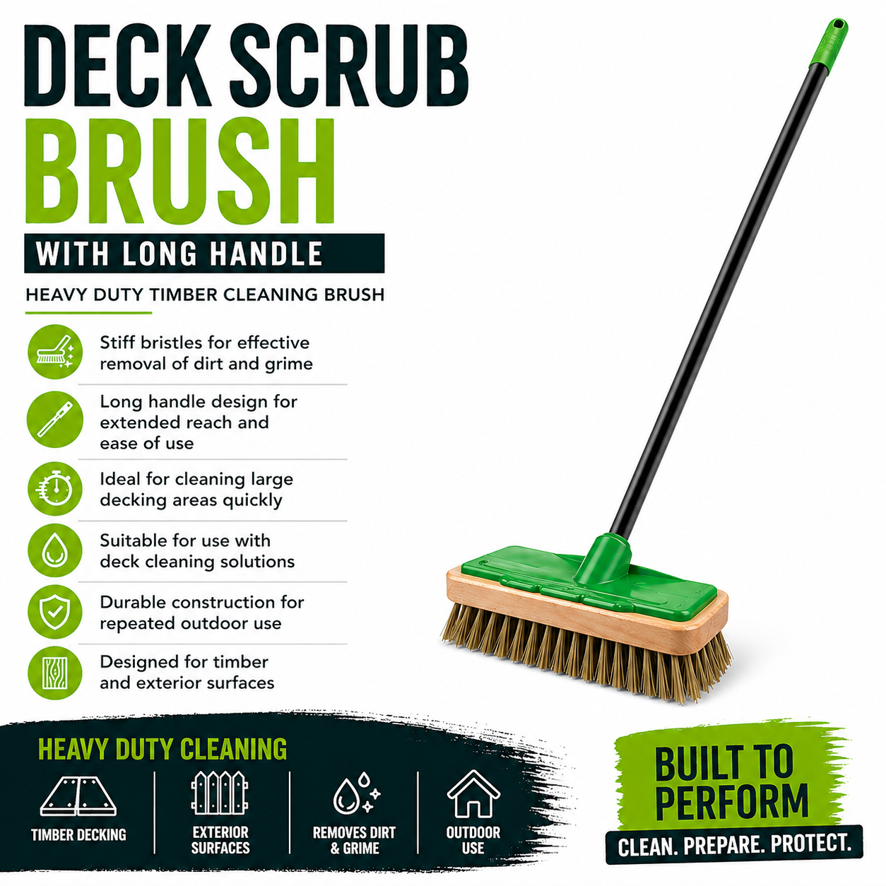 Deck Scrub Brush with Long Handle – Heavy Duty Timber Cleaning Brush