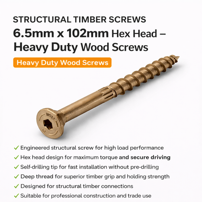 Structural Timber Screws 6.5mm x 102mm Hex Head - Heavy Duty Wood Screws