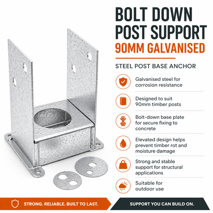 Bolt Down Post Support 90mm Galvanised – Steel Post Base Anchor