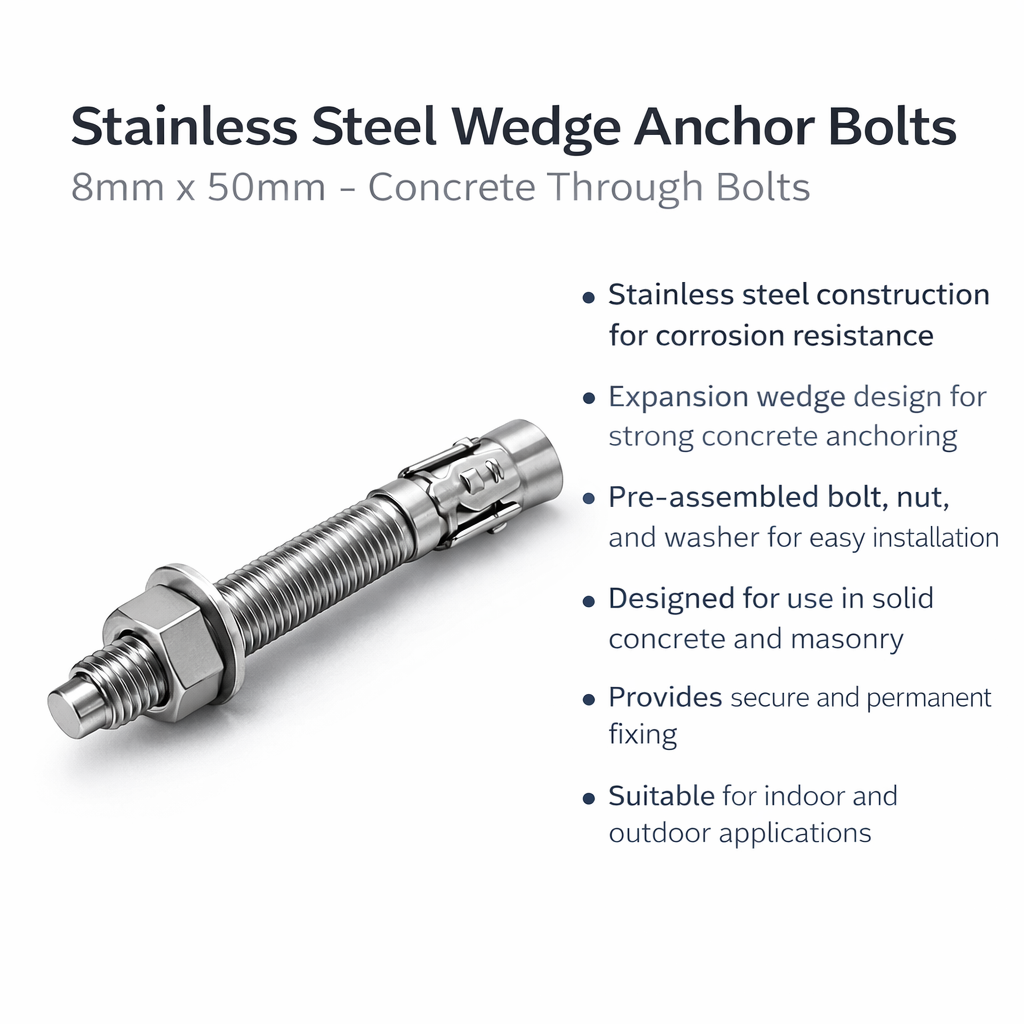 Stainless Steel Wedge Anchor Bolts 8mm x 50mm - Concrete Through Bolts