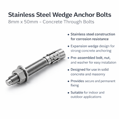 Stainless Steel Wedge Anchor Bolts 8mm x 50mm - Concrete Through Bolts