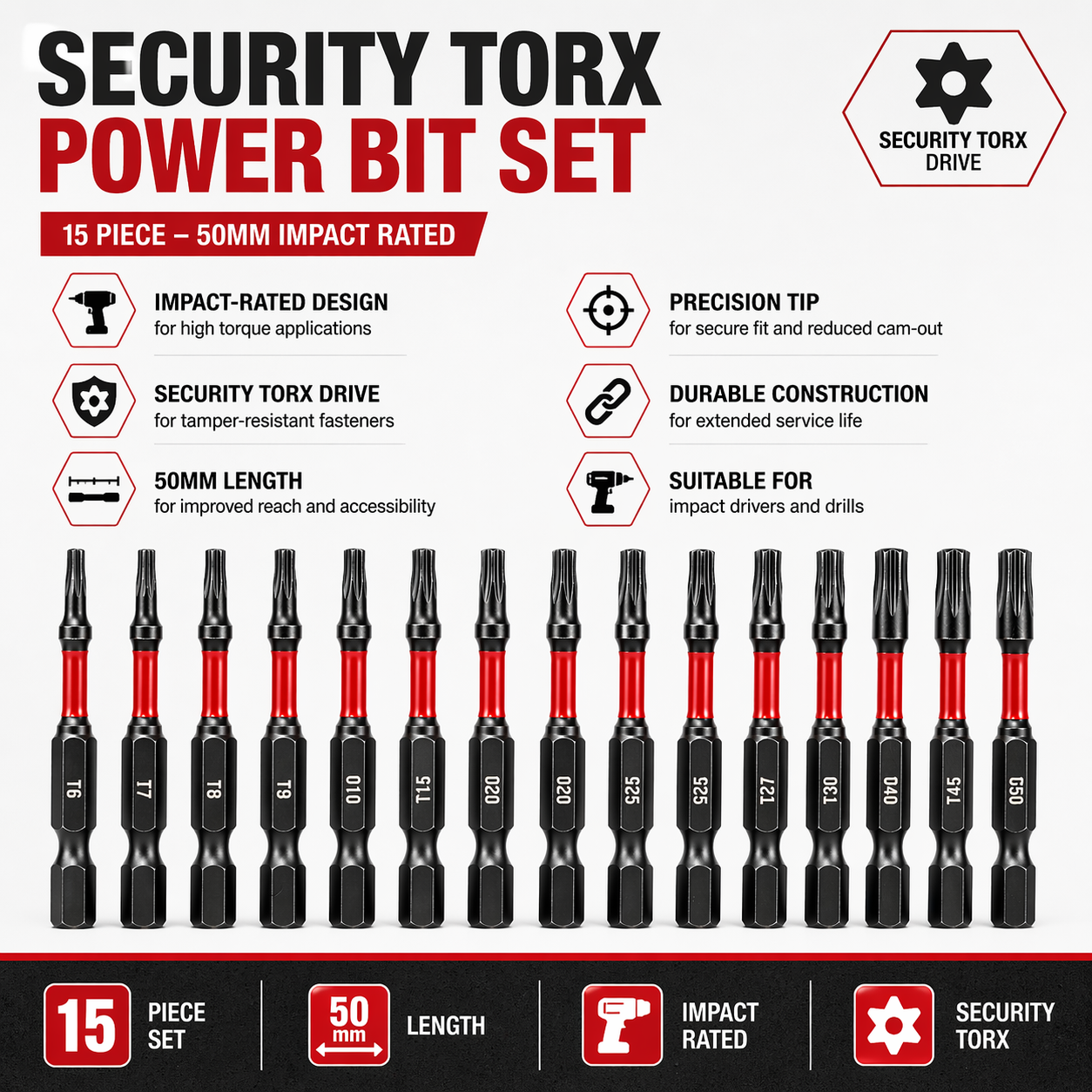 Security Torx Power Bit Set 15 Piece – 50mm Impact Rated