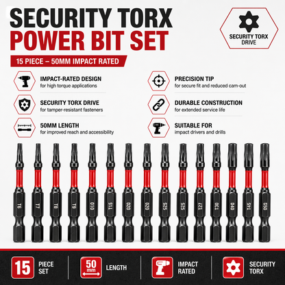 Security Torx Power Bit Set 15 Piece – 50mm Impact Rated