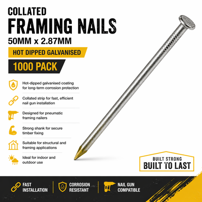 Collated Framing Nails 50mm x 2.87mm Hot Dipped Galvanised – 1000 Pack