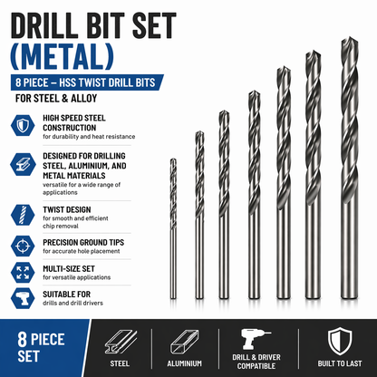 Drill Bit Set (Metal) 8 Piece – HSS Twist Drill Bits for Steel & Alloy