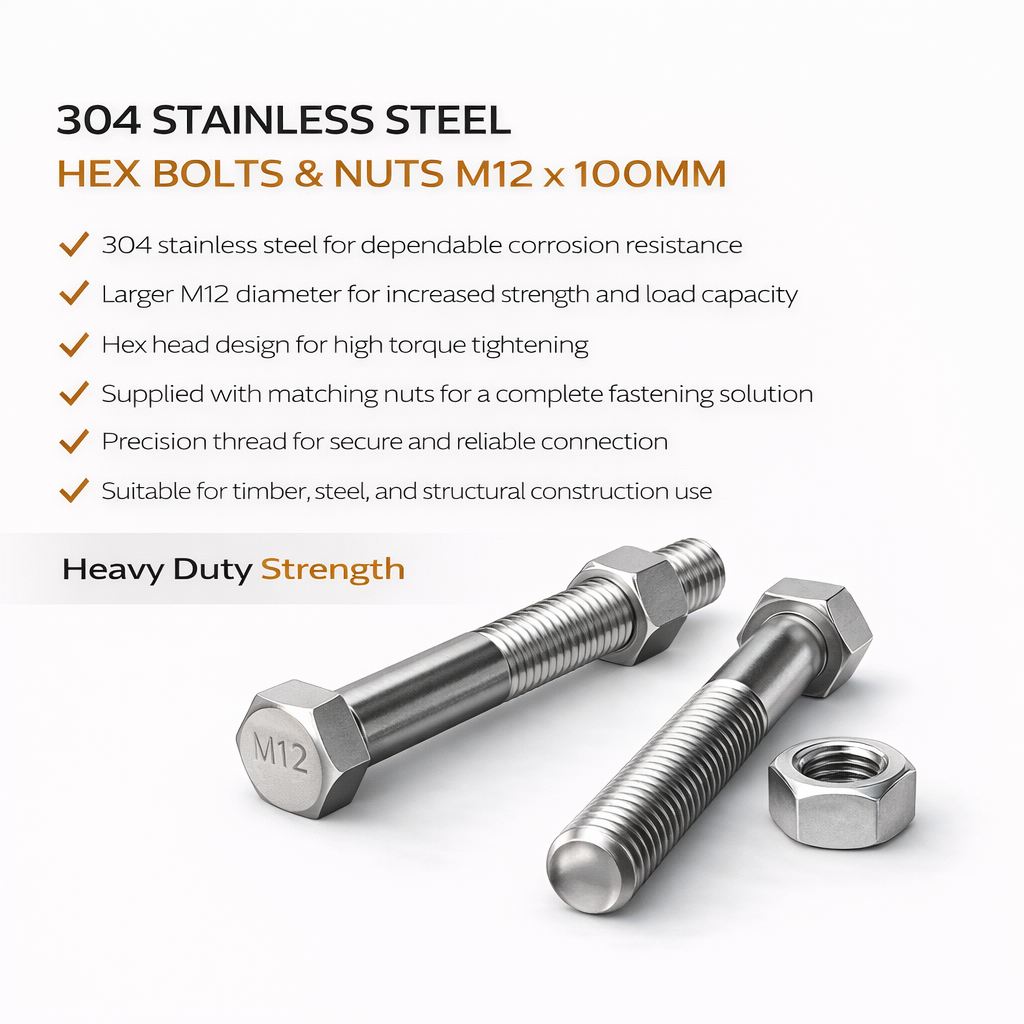 304 Stainless Steel Hex Bolts & Nuts M12 x 100mm