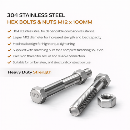 304 Stainless Steel Hex Bolts & Nuts M12 x 100mm