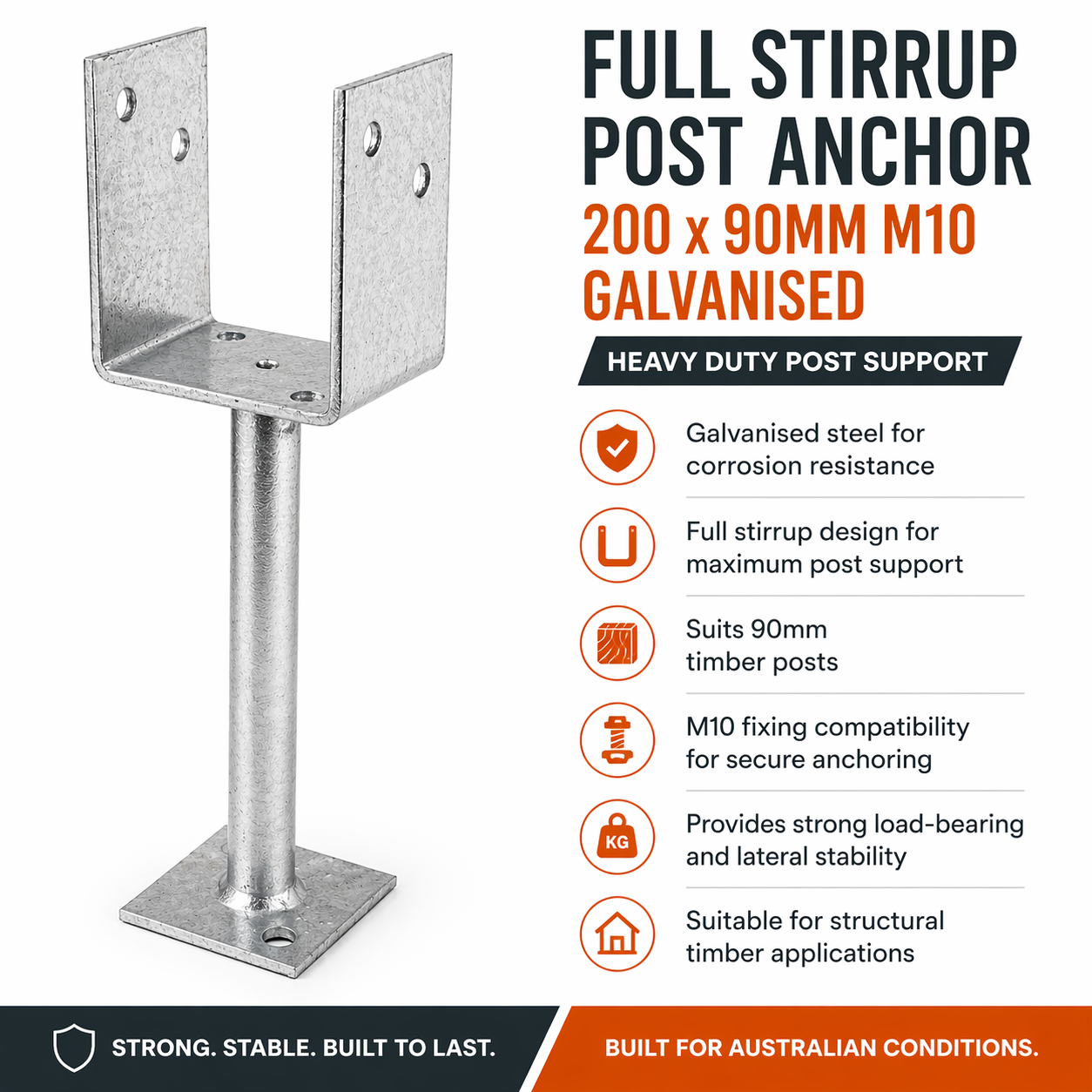 Full Stirrup Post Anchor 200 x 90mm M10 Galvanised - Heavy Duty Post Support