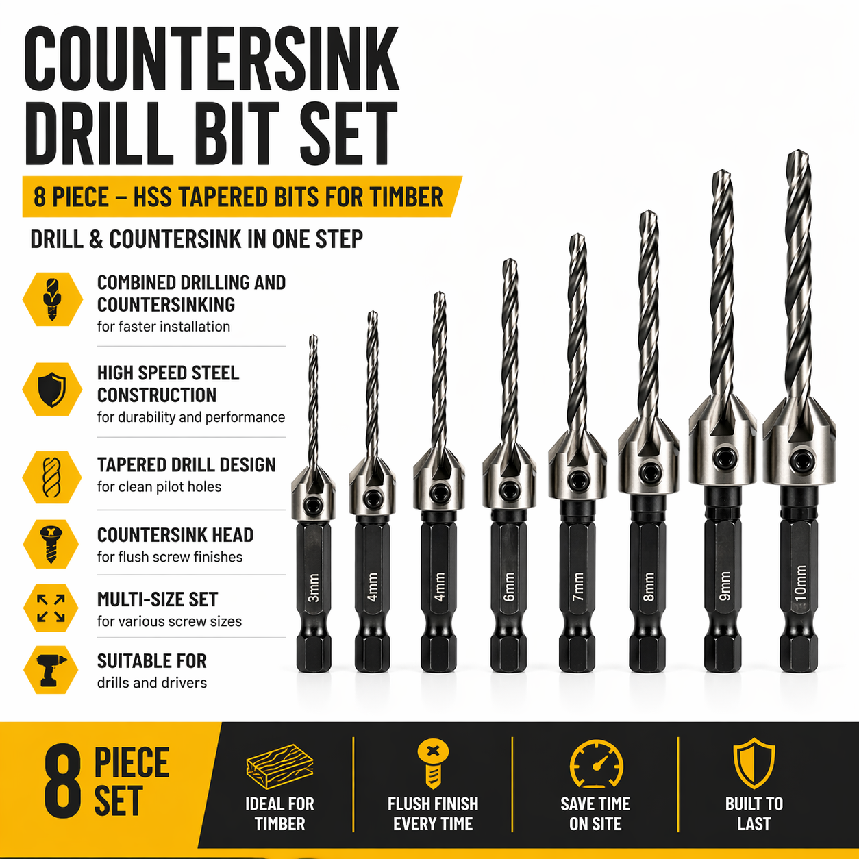 Countersink Drill Bit Set 8 Piece – HSS Tapered Bits for Timber