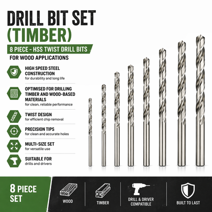 Drill Bit Set (Timber) 8 Piece - HSS Twist Drill Bits for Wood Applications