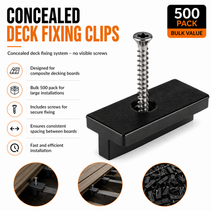 Concealed deck fixing clips for composite decking, delivering a clean, screw-free finish
