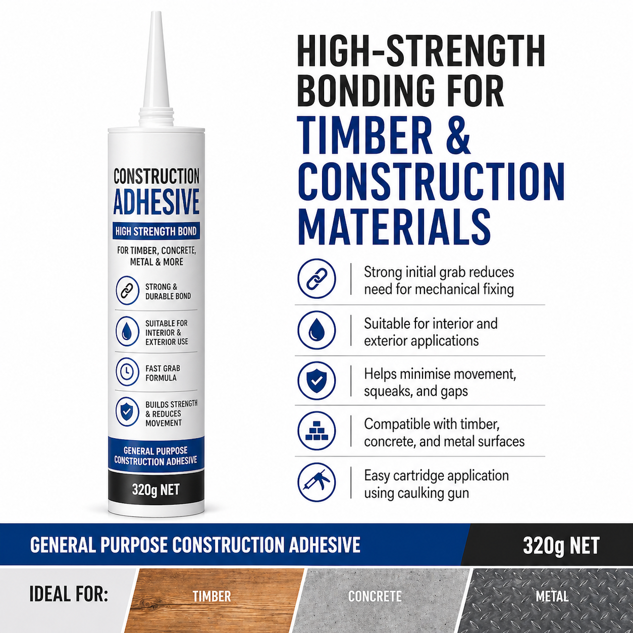 Construction Adhesive 320g – Heavy Duty Bonding Adhesive for Timber & Decking
