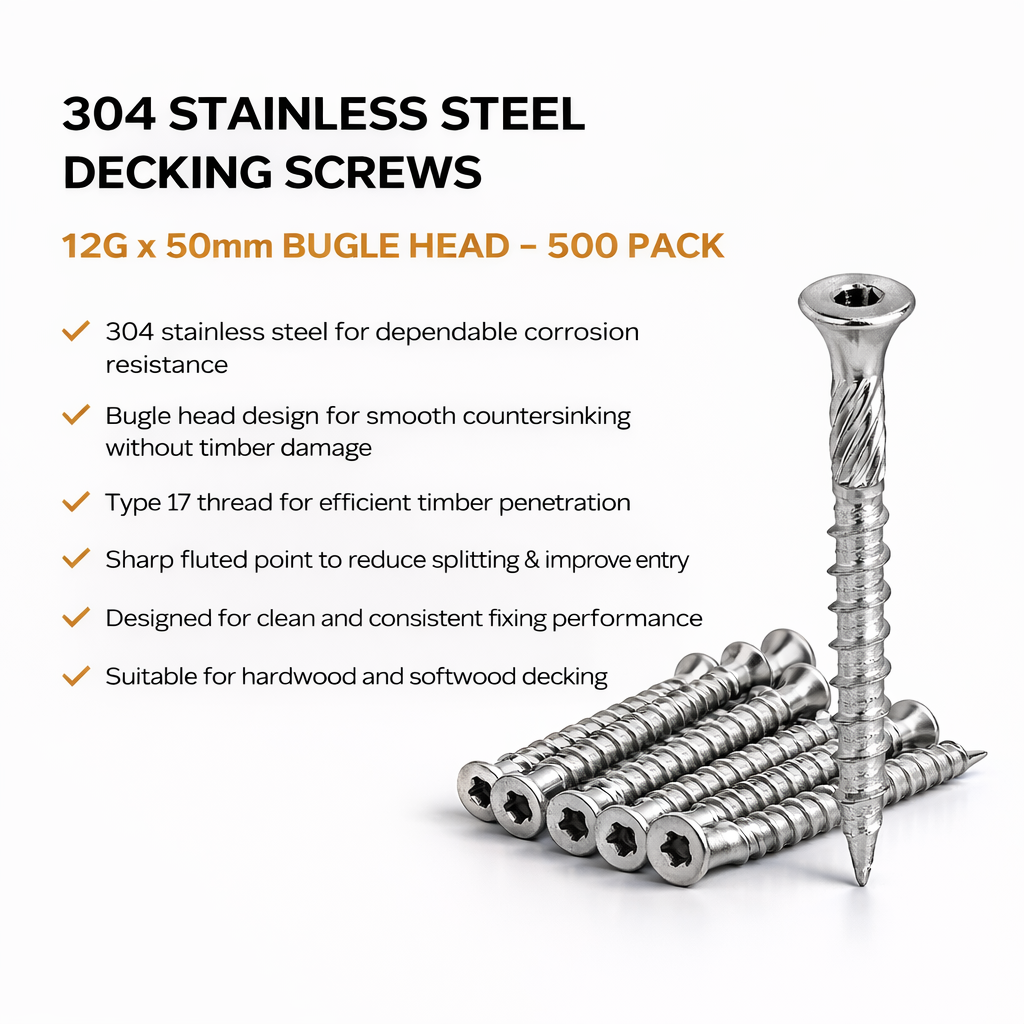 304 Stainless Steel Decking Screws 12G x 50mm Bugle Head – 500 Pack