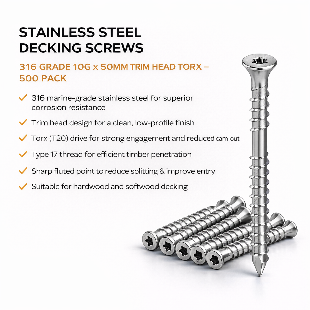 316 Stainless Steel Decking Screws 10G x 50mm Trim Head Torx – 500 Pack