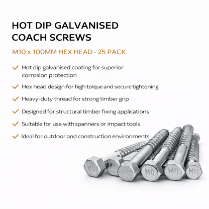 Hot Dip Galvanised Coach Screws M10 x 100mm Hex Head – 25 Pack