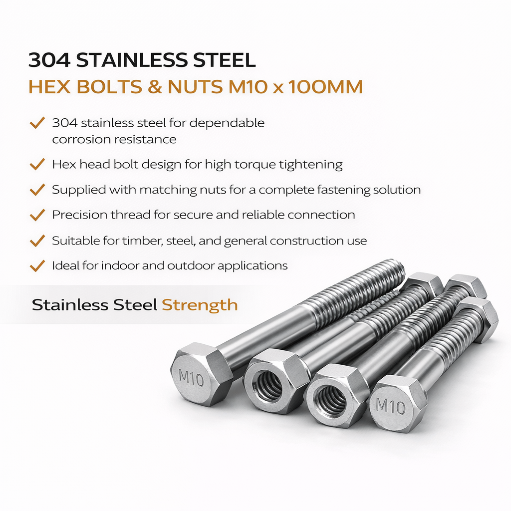 304 Stainless Steel Hex Bolts & Nuts M10 x 100mm