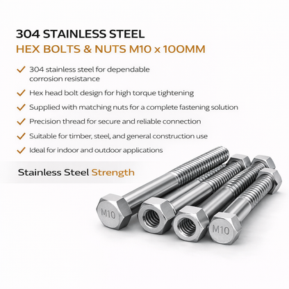 304 Stainless Steel Hex Bolts & Nuts M10 x 100mm